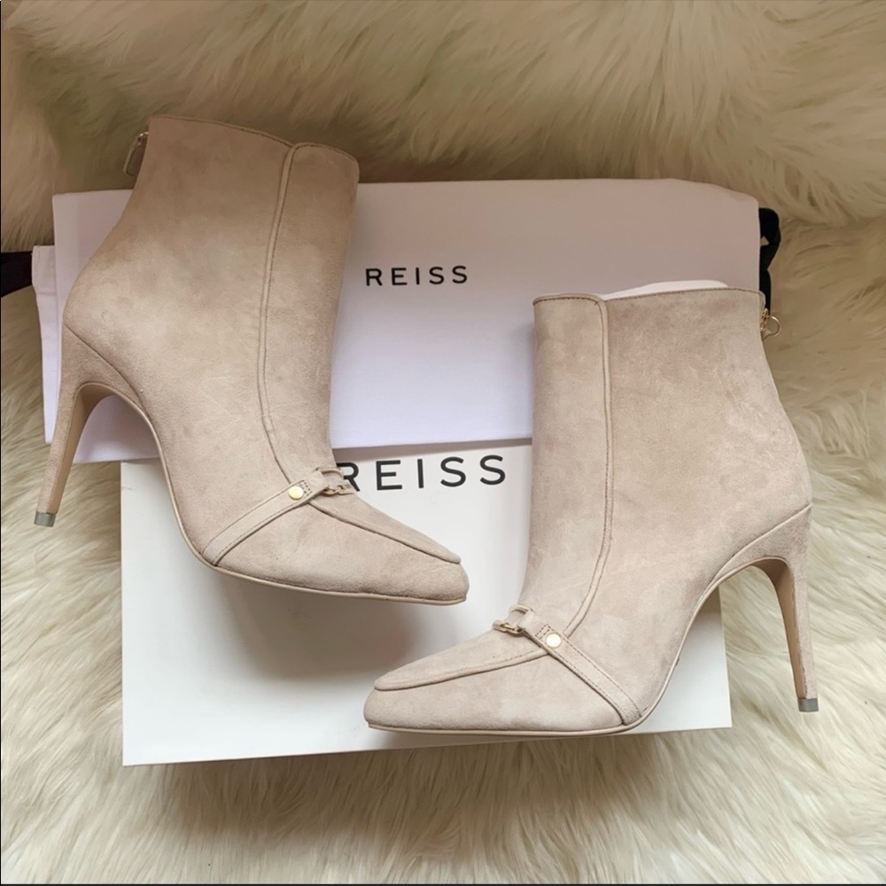 New! Rare REISS Paris Jett Embellished Suede Ankle Booties in Taupe - Picture 5 of 13
